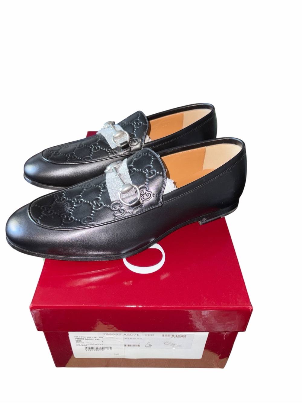 Gucci Black Leather Men's Loafers with Embossed Pattern and Silver Bit size 7